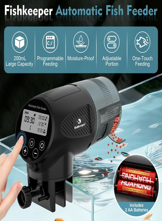 fishkeeper Automatic Fish Feeder for Aquarium - Moisture-Proof and Precision Feeding Auto Fish Food Dispenser with LCD Display Adjustable Betta Vacation Feeder with 2 AA Batteries (200ml) - Image 2